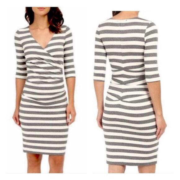 Nicole Miller Dresses & Skirts - 🔥🔥5 for $25🔥🔥 Nicole miller gray white striped ruched long sleeve bodycon dress